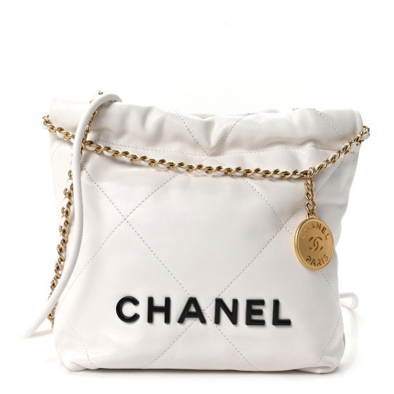 CHANEL Shiny Calfskin Quilted Mini Chanel 22 White Black