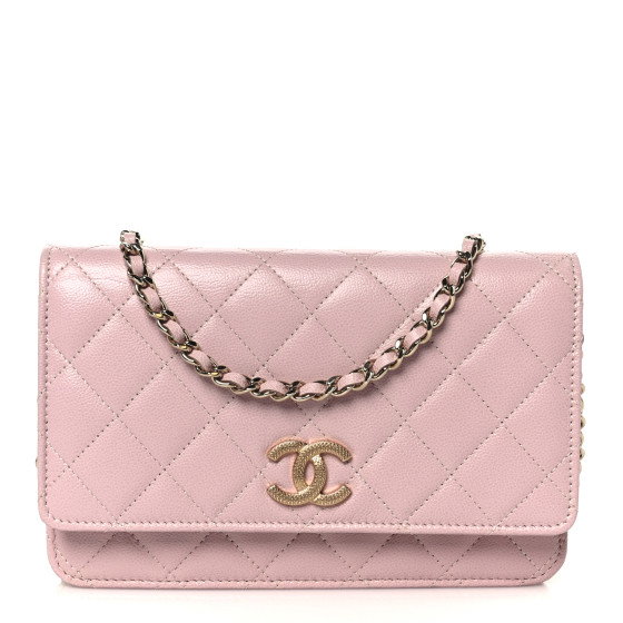 CHANEL Caviar Quilted Studded CC Wallet on Chain WOC Light Pink