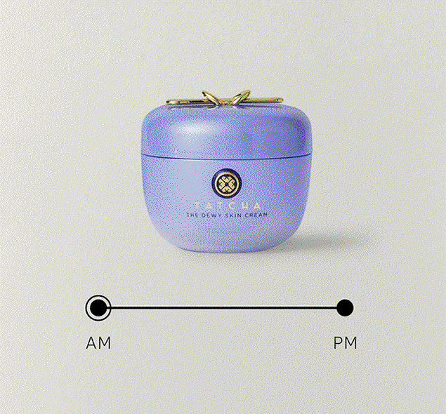 An AM and PM comparison gif of Tatcha moisturizers: the Dewy Skin Cream and Indigo Overnight Repair.