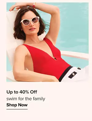 Up to 40% off swim for the family. Shop now. A woman in a red swimsuit.