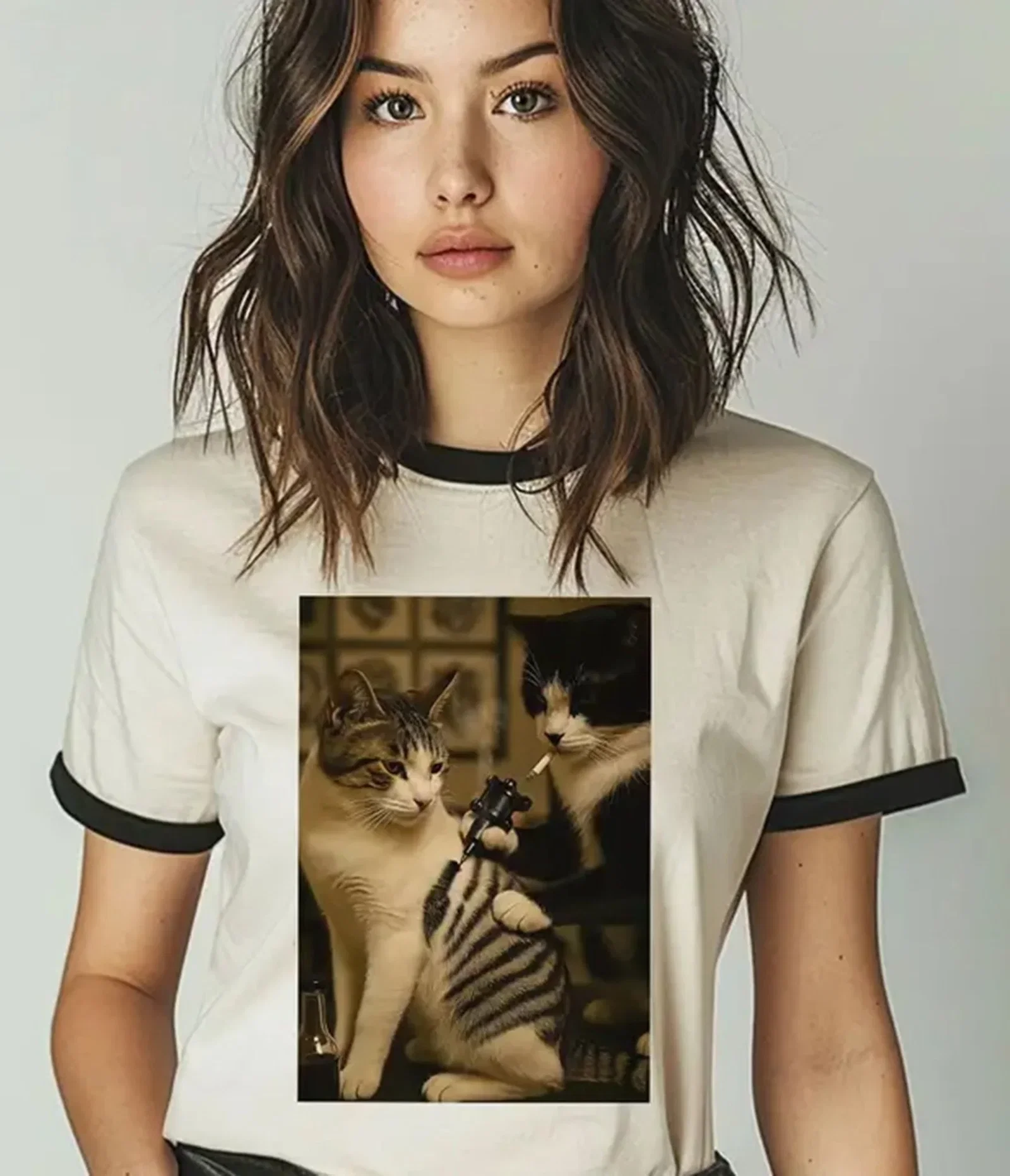Image of Cat Getting Tattoo Unisex Ringer Graphic Tee