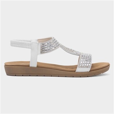 Lilley Womens White Diamante T-Bar Slip On Sandal
