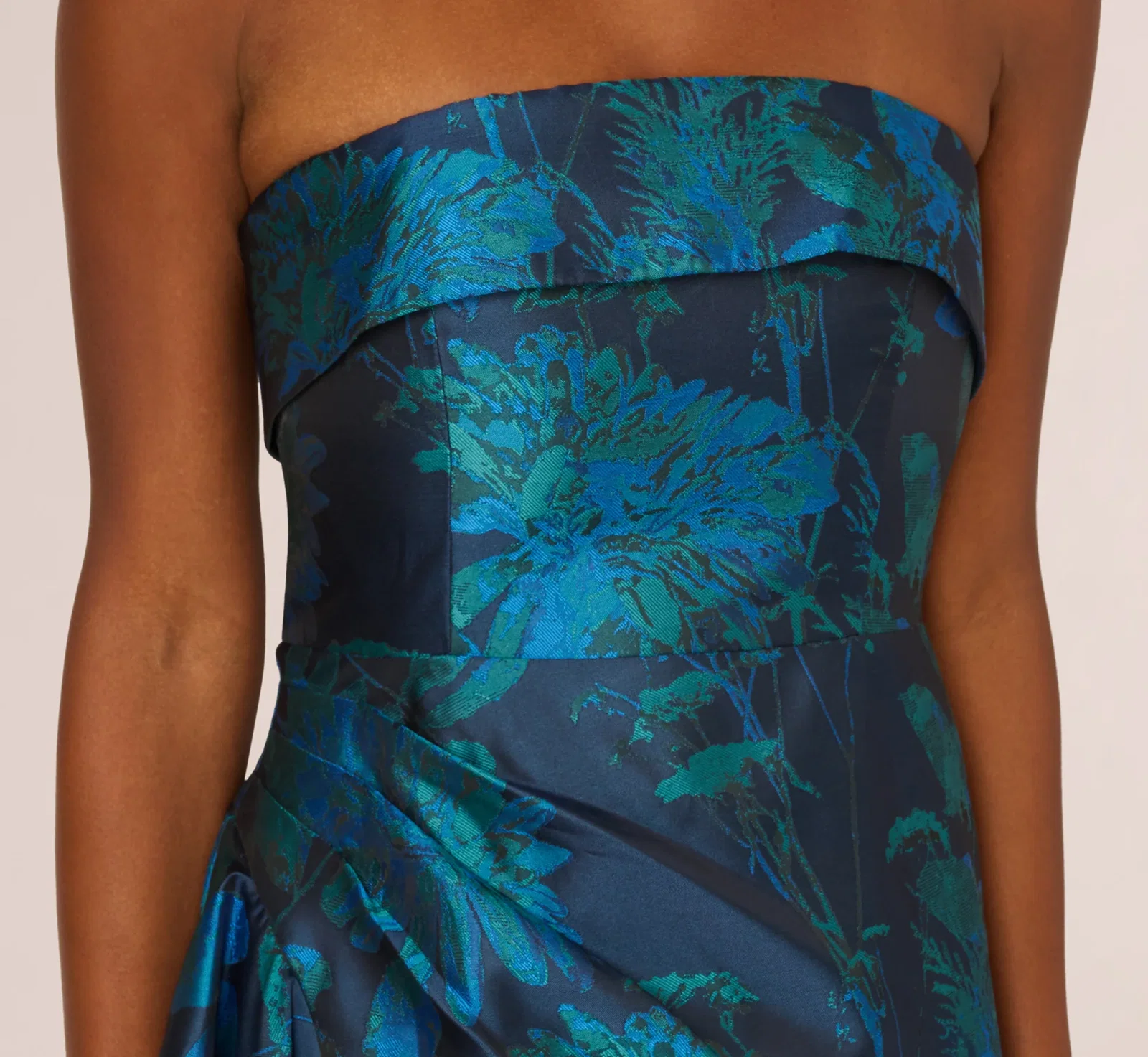Image of Strapless Draped Floral Jacquard Gown In Cobalt Multi