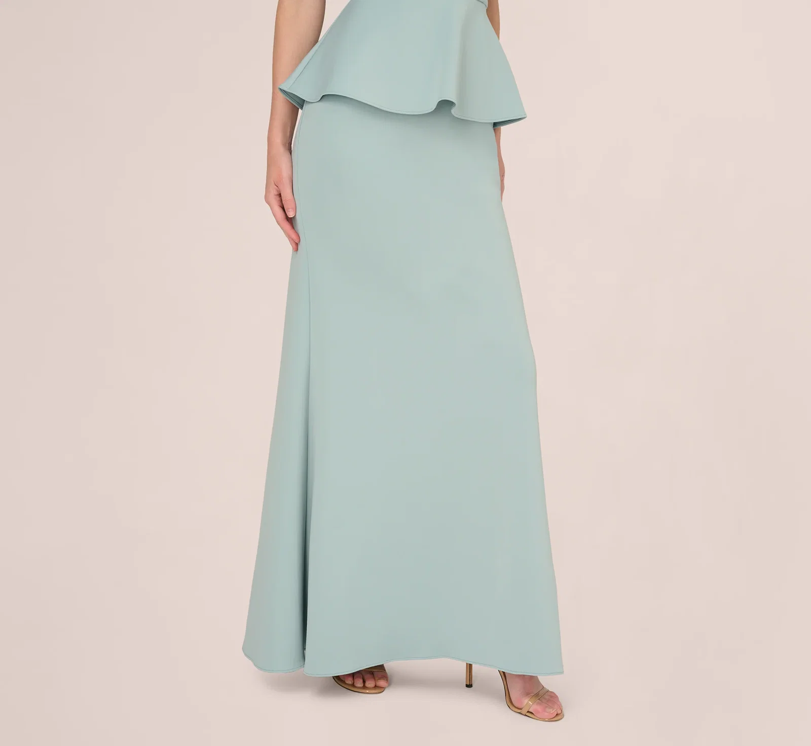 Image of Sleeveless Pearly Halter Peplum Gown In Aqua Dust