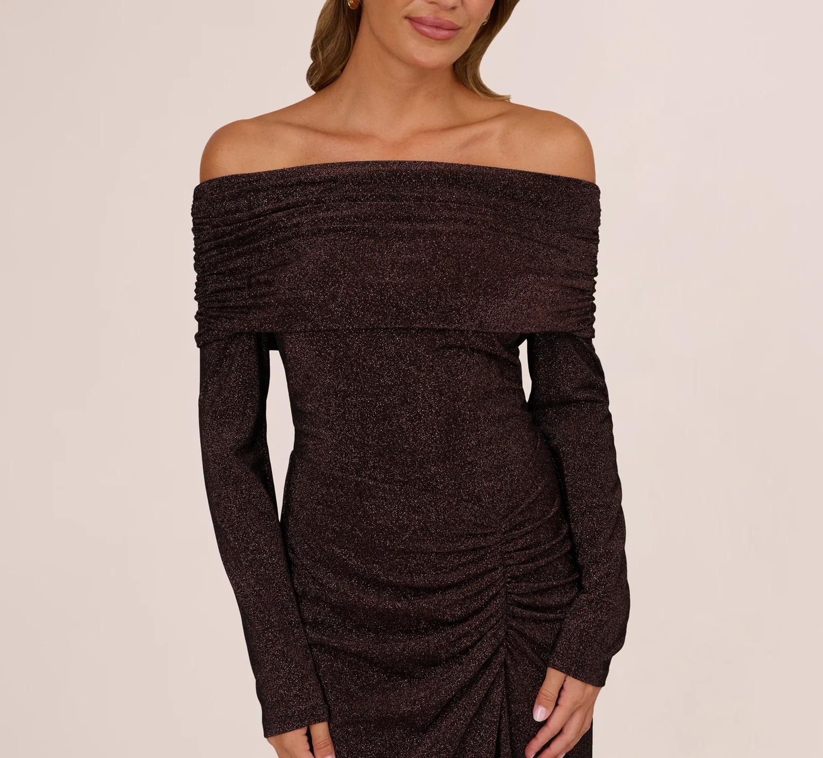 Image of Off Shoulder Long Sleeve Metallic Knit Maxi Dress In Chocolate