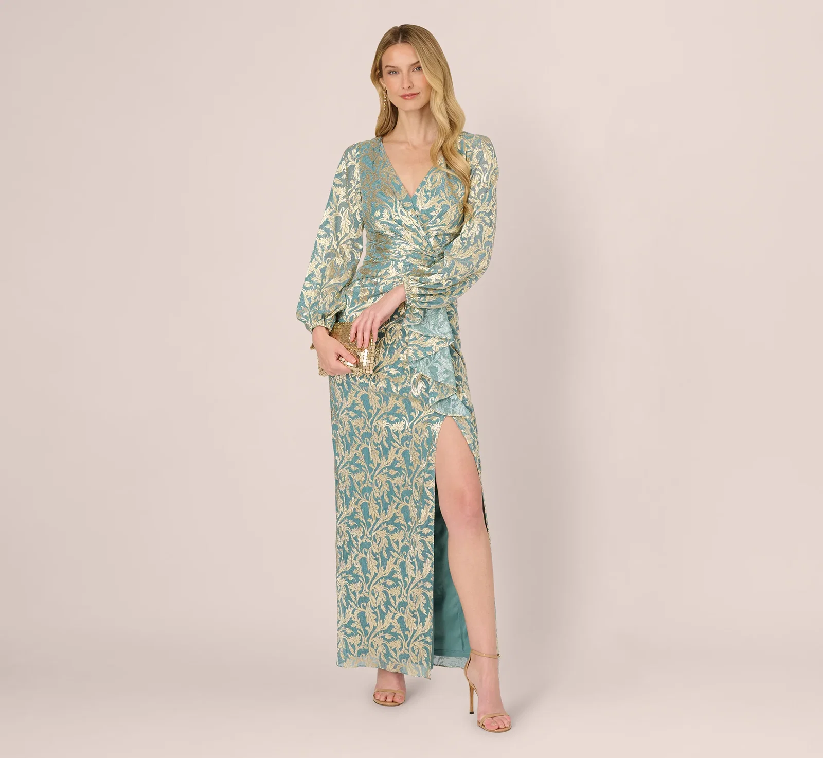 Image of Long Sleeve Metallic Crinkle Drape Gown In Mint Gold