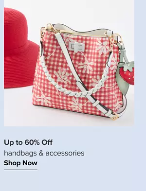 Up to 60% off handbags and accessories. Shop now. A red hat next to a red handbag.