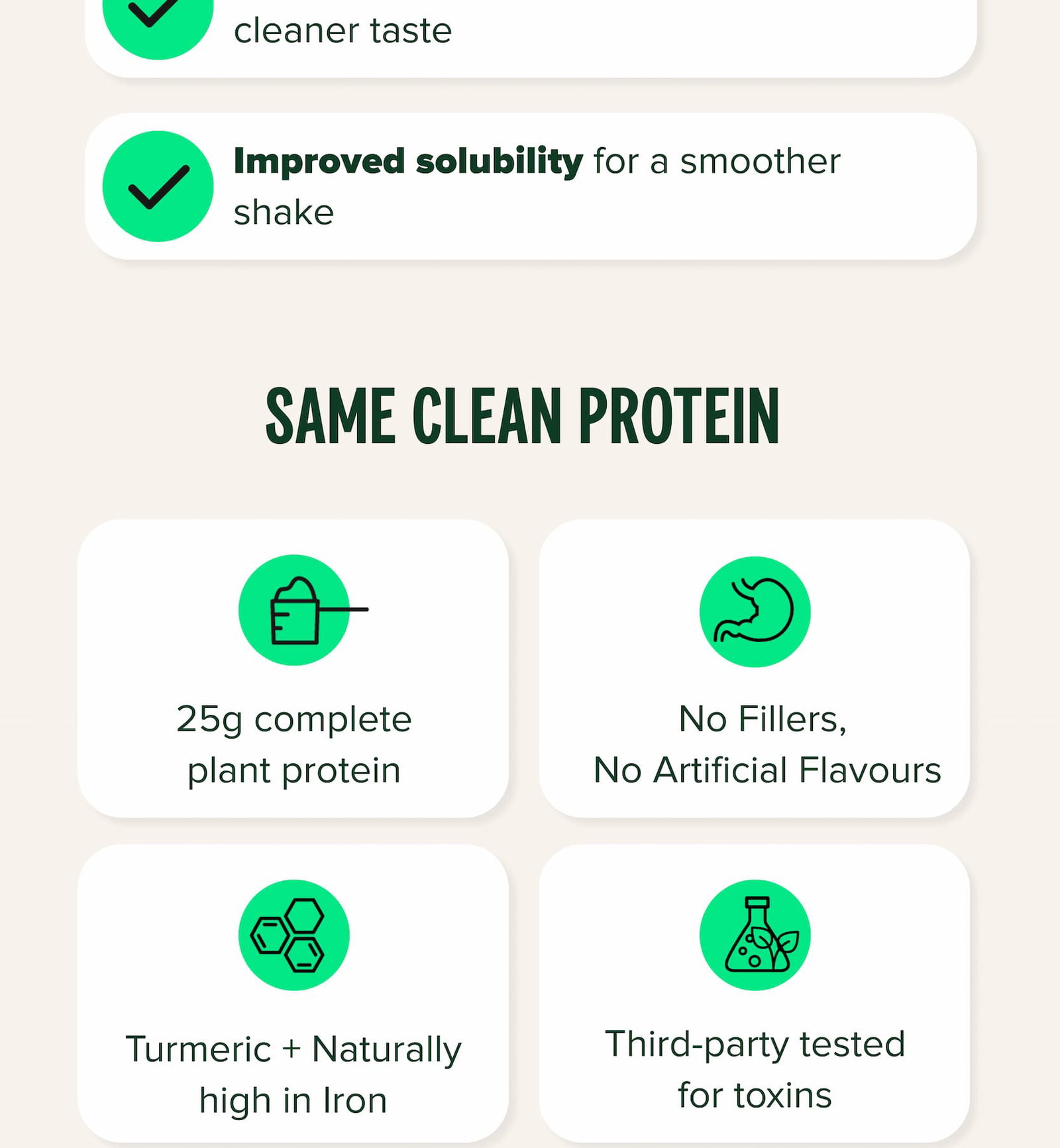 Improved solubility for a smoother shake 25g complete plant protein No Fillers,  No Artificial Flavours Turmeric + Naturally high in Iron Third-party tested for toxins