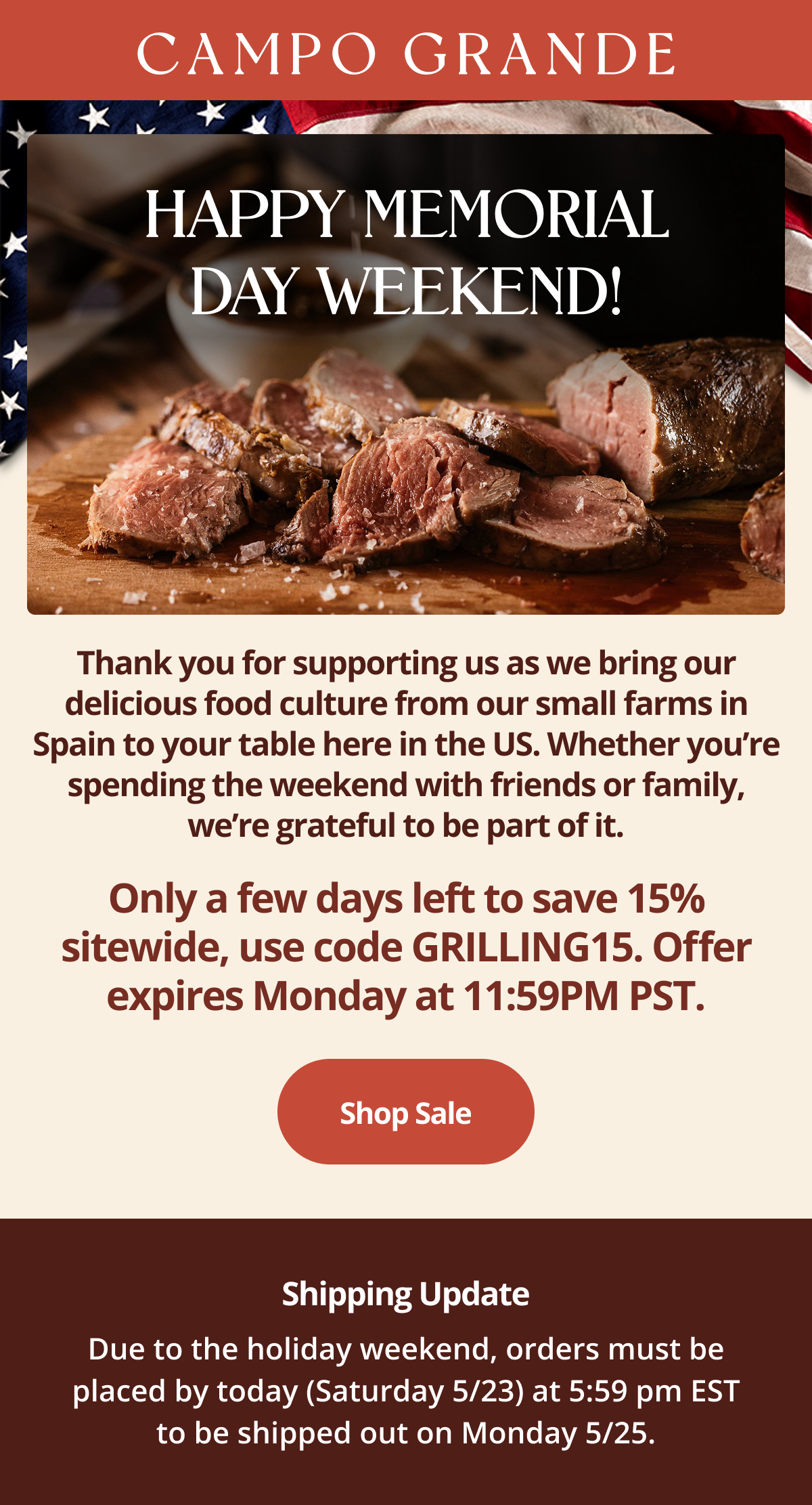 Happy Memorial Day Weekend! Thank you for supporting us as we bring our delicious food culture from our small farms in Spain to your table here in the US. Whether you’re spending the weekend with friends or family, we’re grateful to be part of it.  Only a few days left to save 15% sitewide, use code GRILLING15. Offer expires Monday at 11:59PM PST. Shop Sale