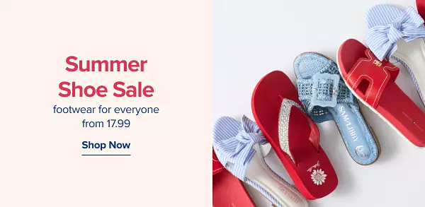 Red and blue sandals. Summer shoe sale. Footwear for everyone from 17.99. Shop now.