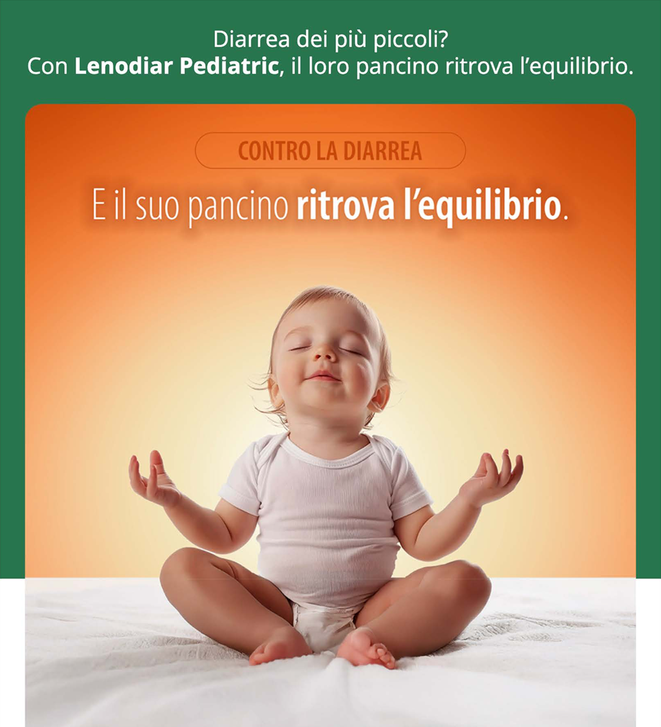 Smiling baby sitting cross-legged in a meditative pose on a white blanket, ad for Lenodiar Pediatric diarrhoea relief