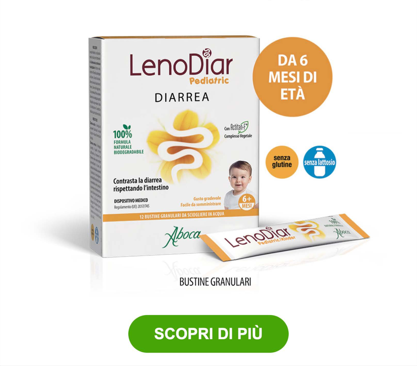 Box of LenoDiar paediatric diarrhoea granules for infants 6+ months, gluten‑free and lactose‑free, single sachet shown