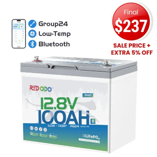 Redodo 12V 100Ah Group 24 Bluetooth LiFePO4 Battery | Real-Time Battery Monitoring | For RV, Marine, Solar