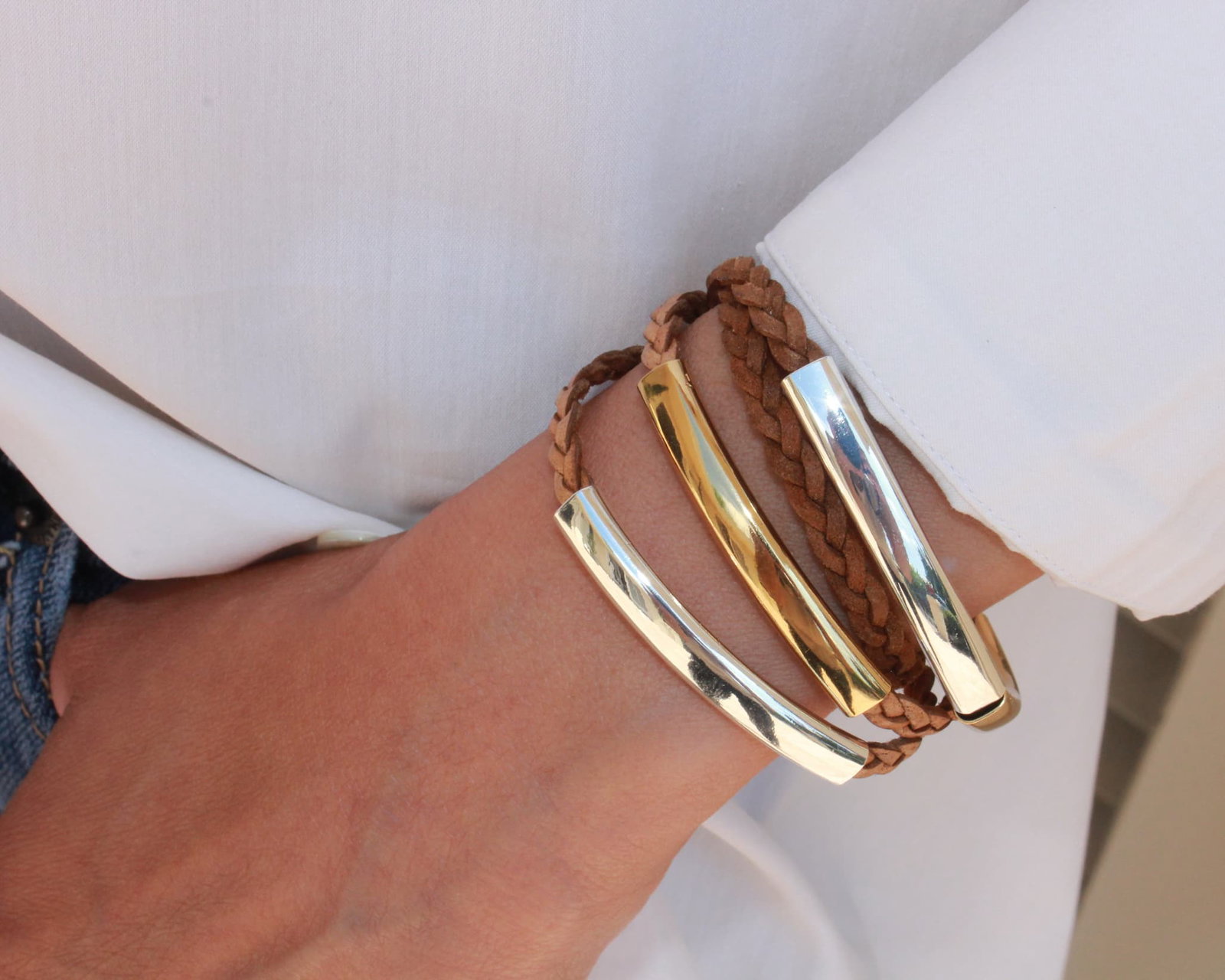 Lizzy James | Addison – Gold & Silver Crescent Braided Leather Wrap Bracelet