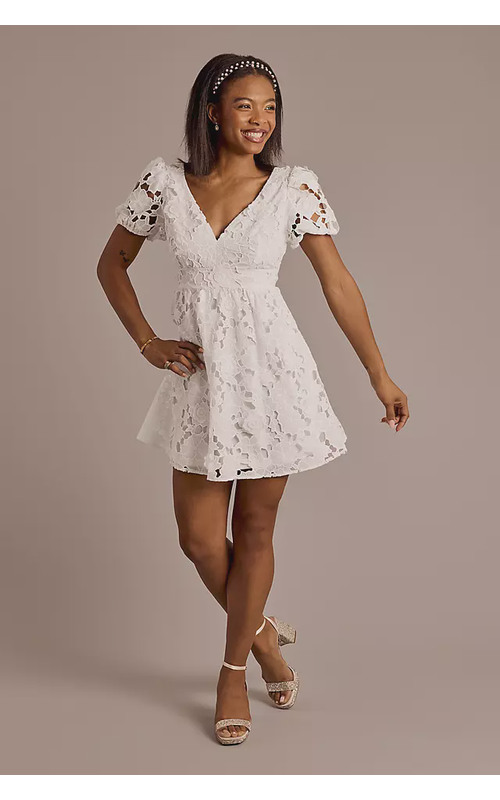 Eyelet Lace V-Neck Short Dress with Tie Back
