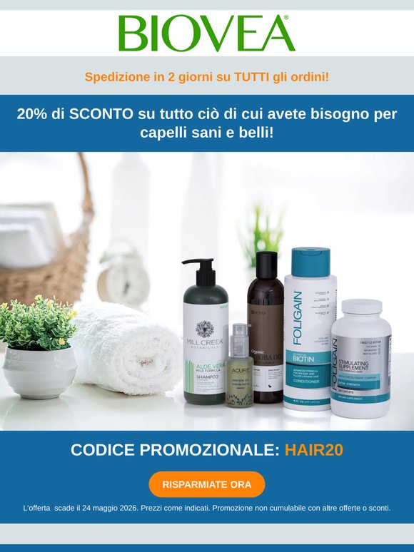 Sblocca un risparmio del 20% su tutti gli essenziali per capelli per ottenere capelli vibranti!