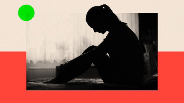 A graphic showing the silhouette of a girl sitting on a bed holding her knees. Behind her is a window with net curtains. In the background is a beige line above a red line while in the top left there is a green dot.