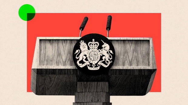 Montage image showing a black-and-white photograph of a lectern with two microphones pointing upwards. On the front of the lectern is a heraldic seal representing the United Kingdom with a lion and a unicorn. Behind it a red rectangle sits at the centre of the image above a beige backdrop.