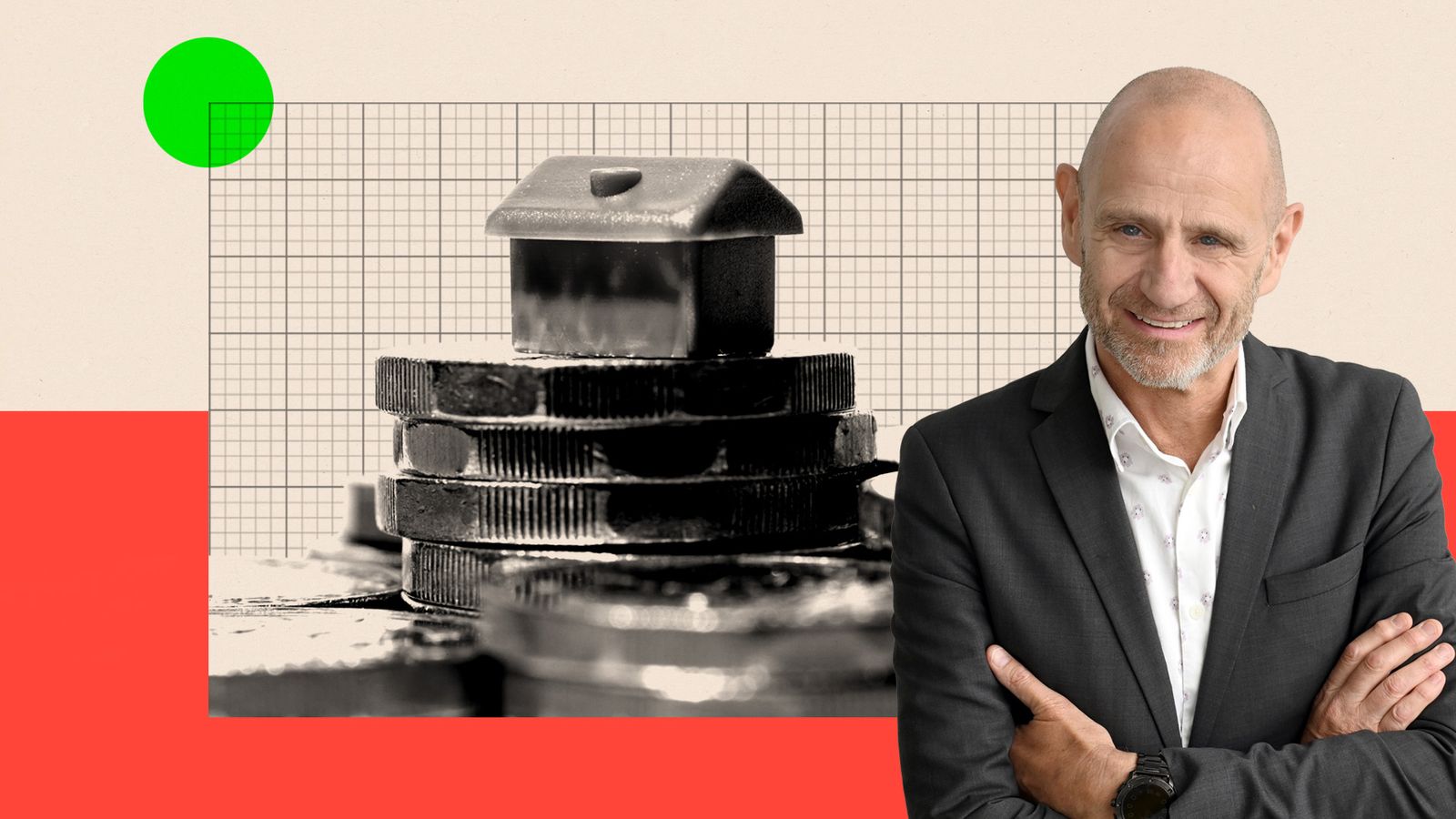 A black and white image shows a pile of £1 coins with a Monopoly-style house on the top of them. In the foreground is Evan Davis in colour, with his arms folded and wearing a grey suit. In the background are beige and red stripes.