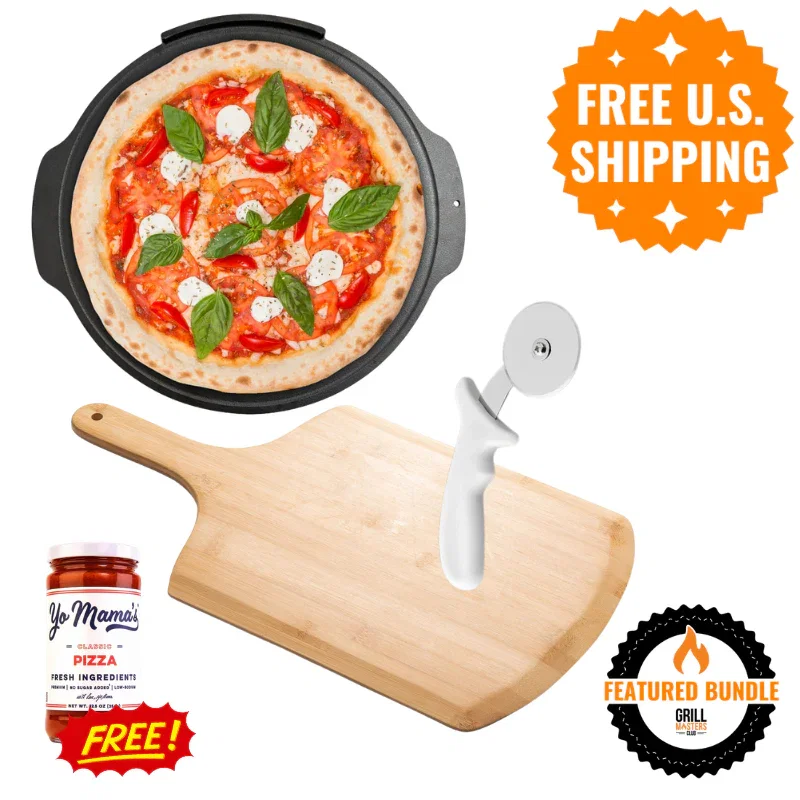 Image of Backyard Pizza Accessory Bundle: Cast Iron Pizza Stone, Pizza Peel, Cutter + Sauce