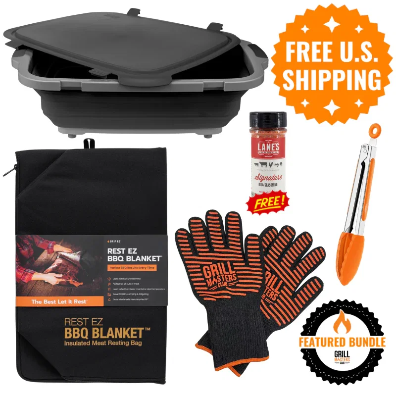 Image of Smoker Essentials Bundle: Drip EZ Prep Tub + Resting Blanket + Grilling Gloves + Tongs + Free Rub