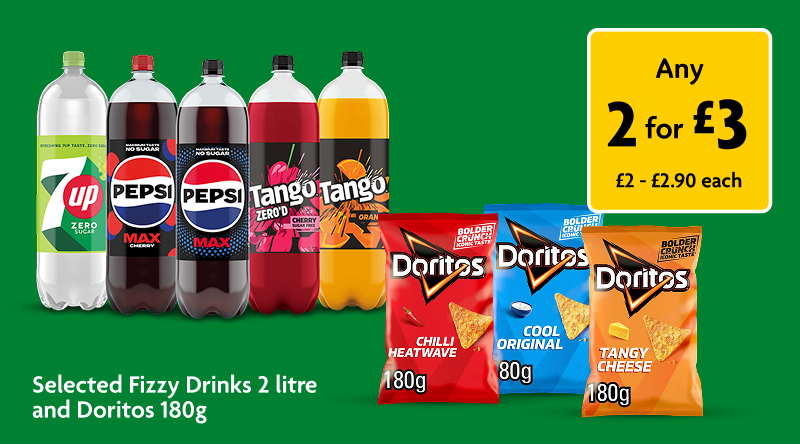 selected fizzy drinks and doritos