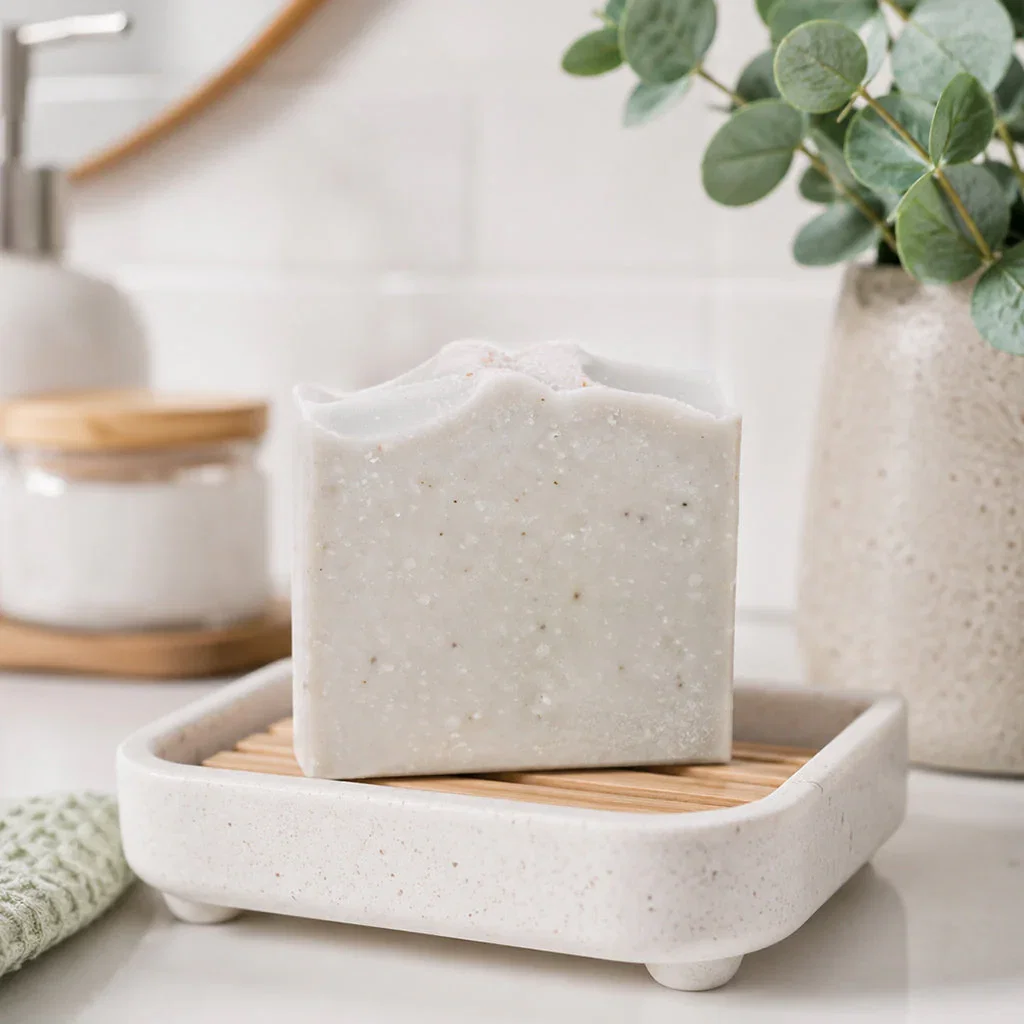 Natural soap bar on ceramic dish with bathroom accessories and eucalyptus plant in spa setting