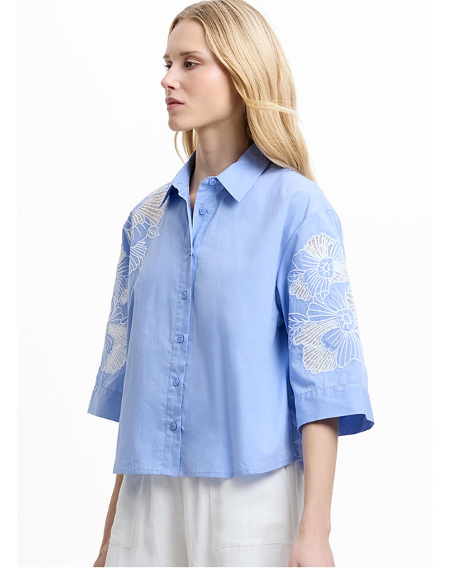 Cambria Cotton Floral Embroidered Blue Shirt