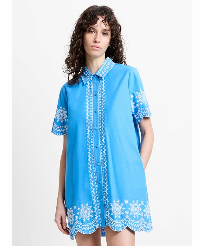 Alissa Cotton Embroidered Blue Mini Shirt Dress