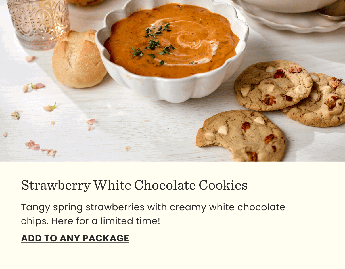 Strawberry White Chocolate Cookies | Tangy spring strawberries with creamy white chocolate chips. Here for a limited time! | ADD TO ANY PACKAGE