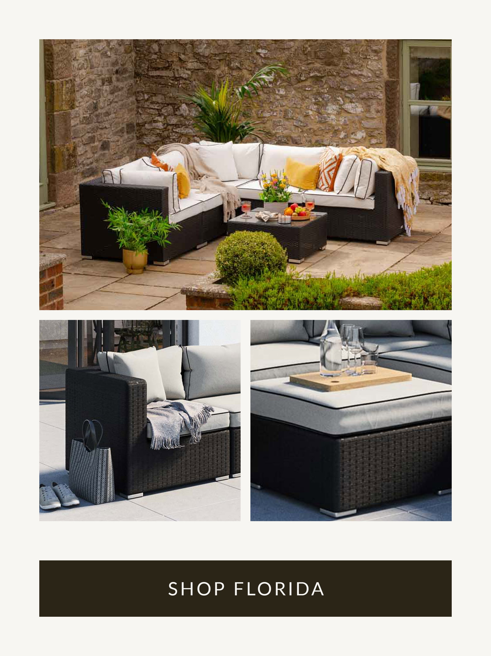 Florida 6 Piece Rattan Garden Corner Sofa Set in Black and Vanilla