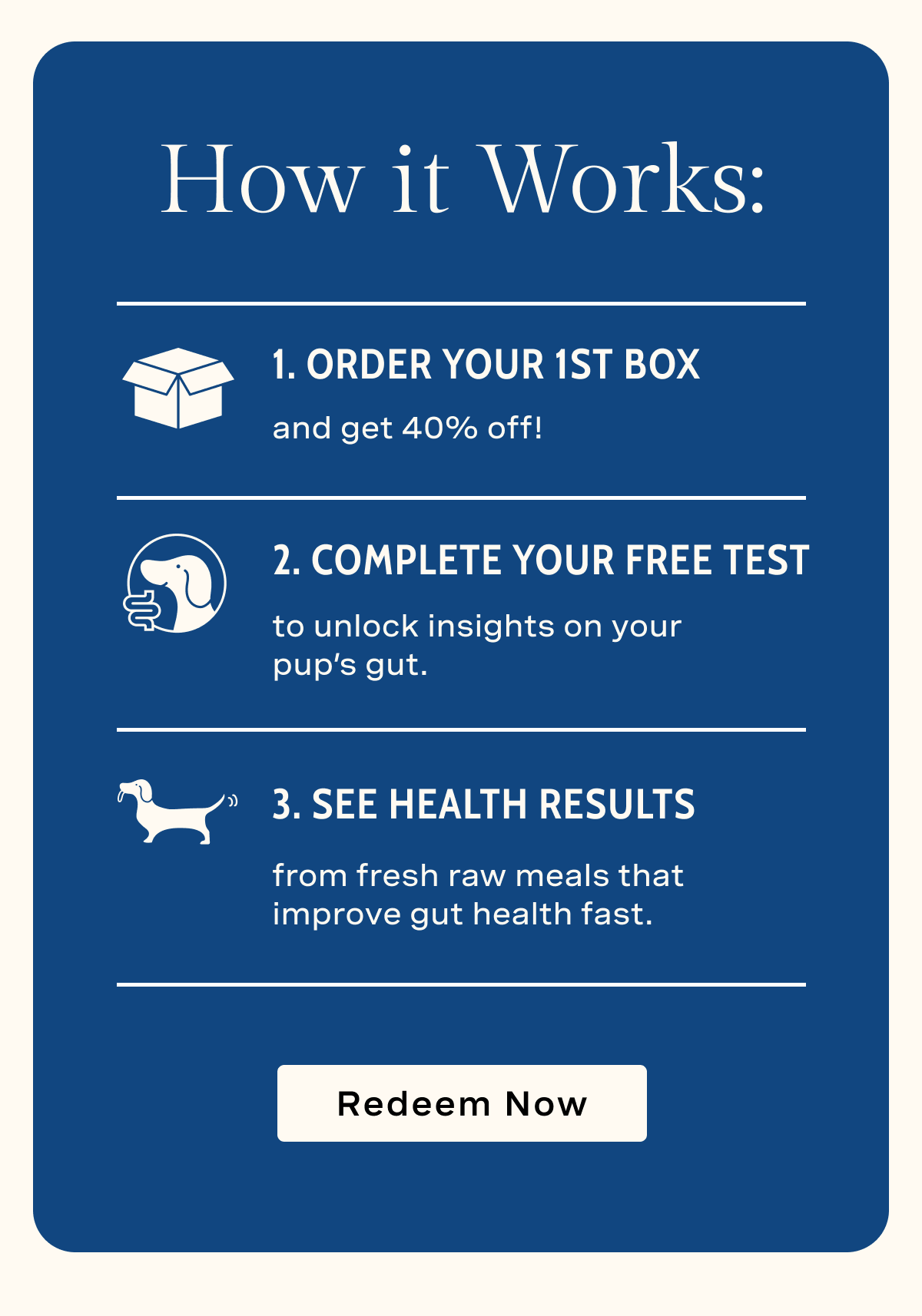 How it Works: 1. Order Your 1st Box with 40% Off; 2. Complete Your Free Test; 3. See Health REsults