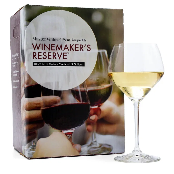 Glass of Chardonnay next to box of Master Vintner® Winemaker's Reserve®