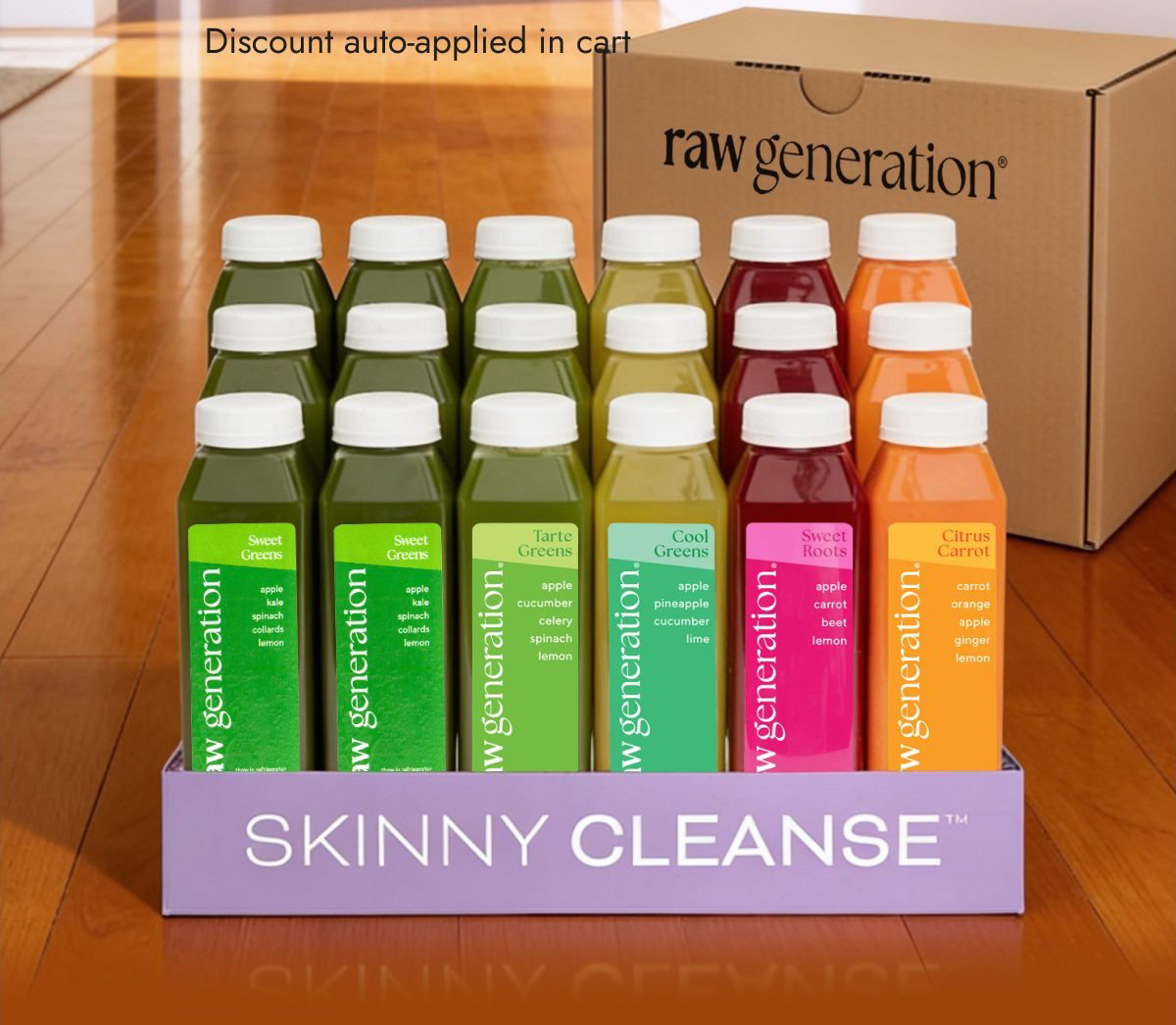 A display of juice bottles in various colors with labels, featuring the text 'Skinny Cleanse'.