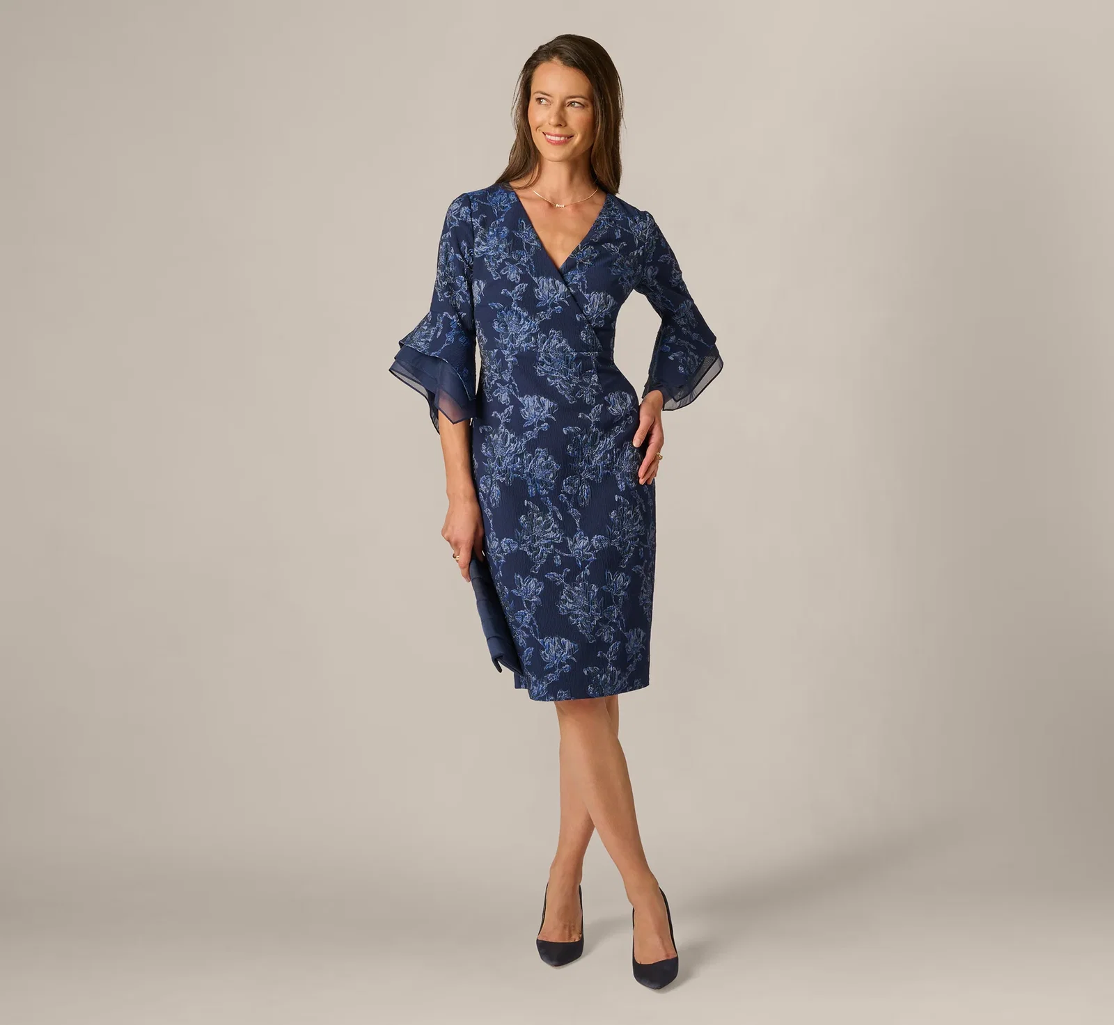 Image of Petite Floral Jacquard Bell Sleeve Sheath Dress In Navy Sateen
