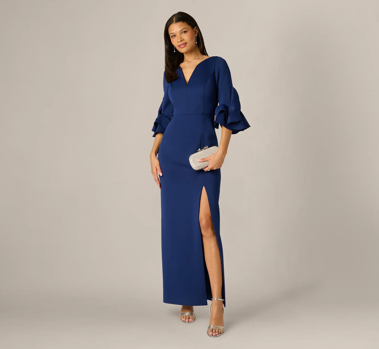 Image of Sculpted Bell Sleeve Column Gown In Navy Sateen