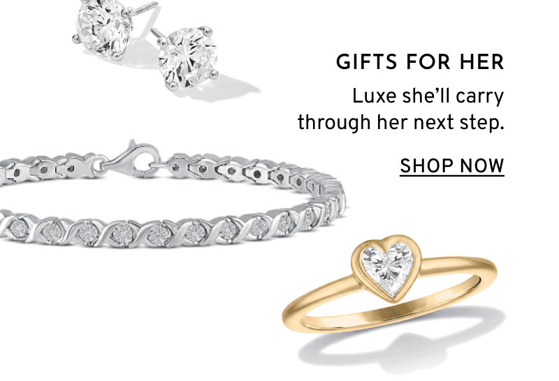 Diamond bracelet, earrings, and heart ring. Gifts For Her. Luxe she’ll carry through her next step. Click to Shop Now