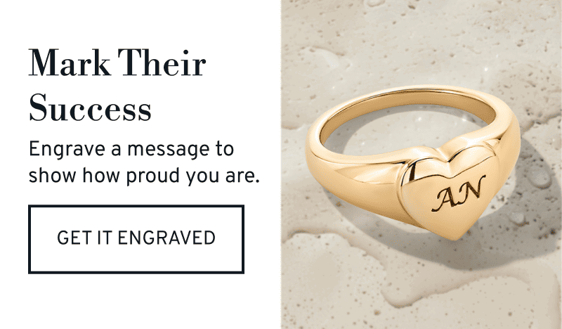 Engraved gold heart shaped ring. Mark Their Success. Engrave a message to show how proud you are. Click to Get It Engraved