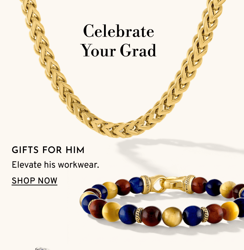 Yellow gold chain necklace. Celebrate your grad. Multi colored men’s bead bracelet. Gifts For Him. Click to Shop Now