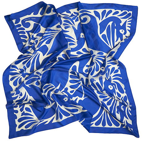 Silk scarf celebrating William De Morgan’s Fantastic Ducks design in vivid cobalt and ivory tones. - Shop Now.