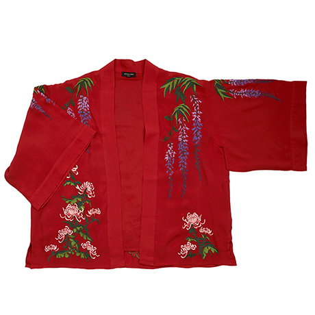 Red kimono richly detailed with embroidered wisteria and chrysanthemum motifs. - Shop Now.