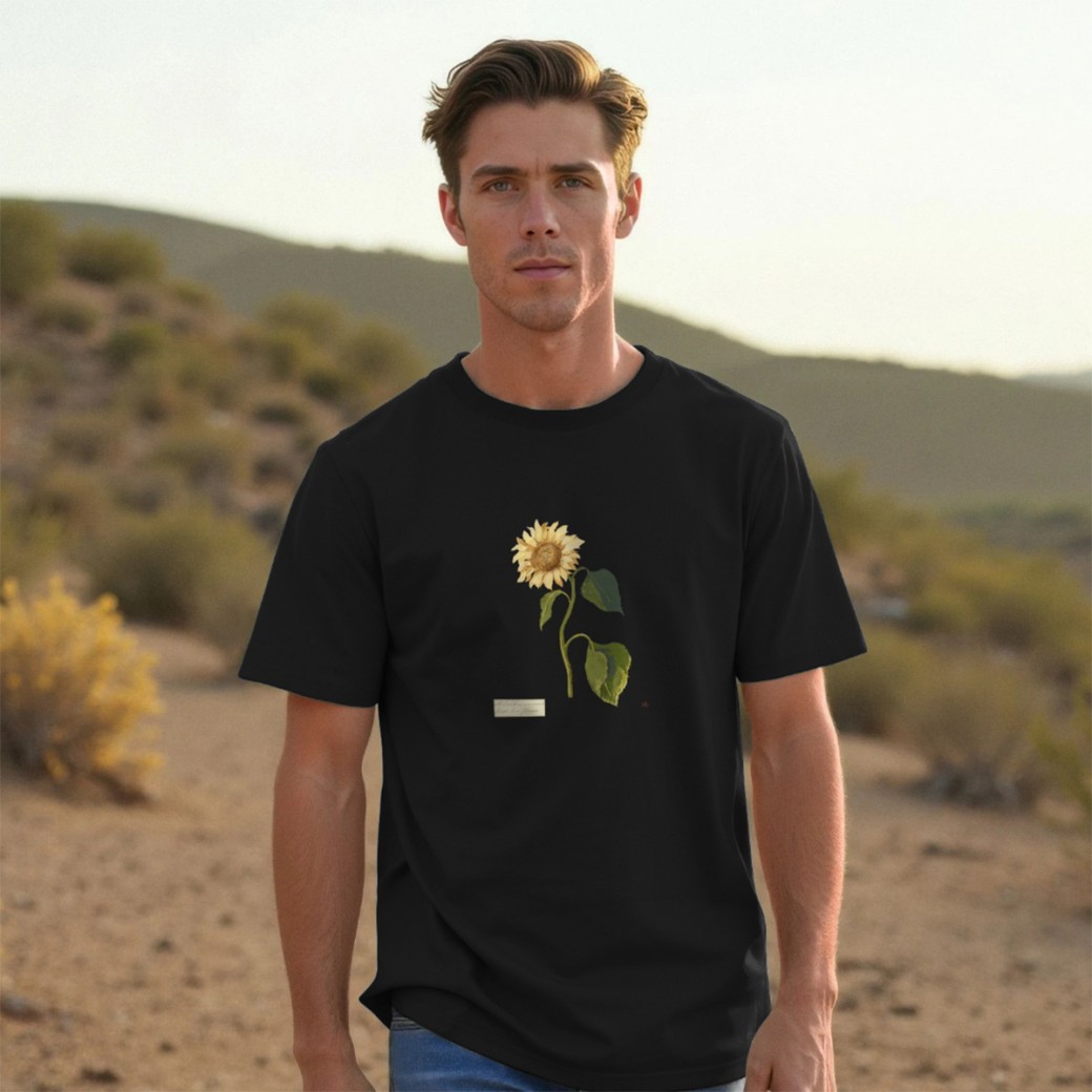 Black T-shirt featuring a sunflower design by Mary Delany, worn by a model. - Shop Fashion.