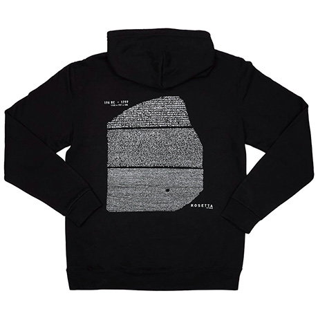Cosy fleece-lined black hoodie featuring a striking white Rosetta Stone design. - Shop Now.