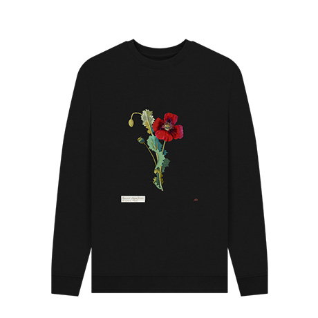 Unisex black organic cotton jumper featuring Mary Delany’s collage Papaver somniferum, depicting the opium poppy in a detailed botanical design. - Shop Now.