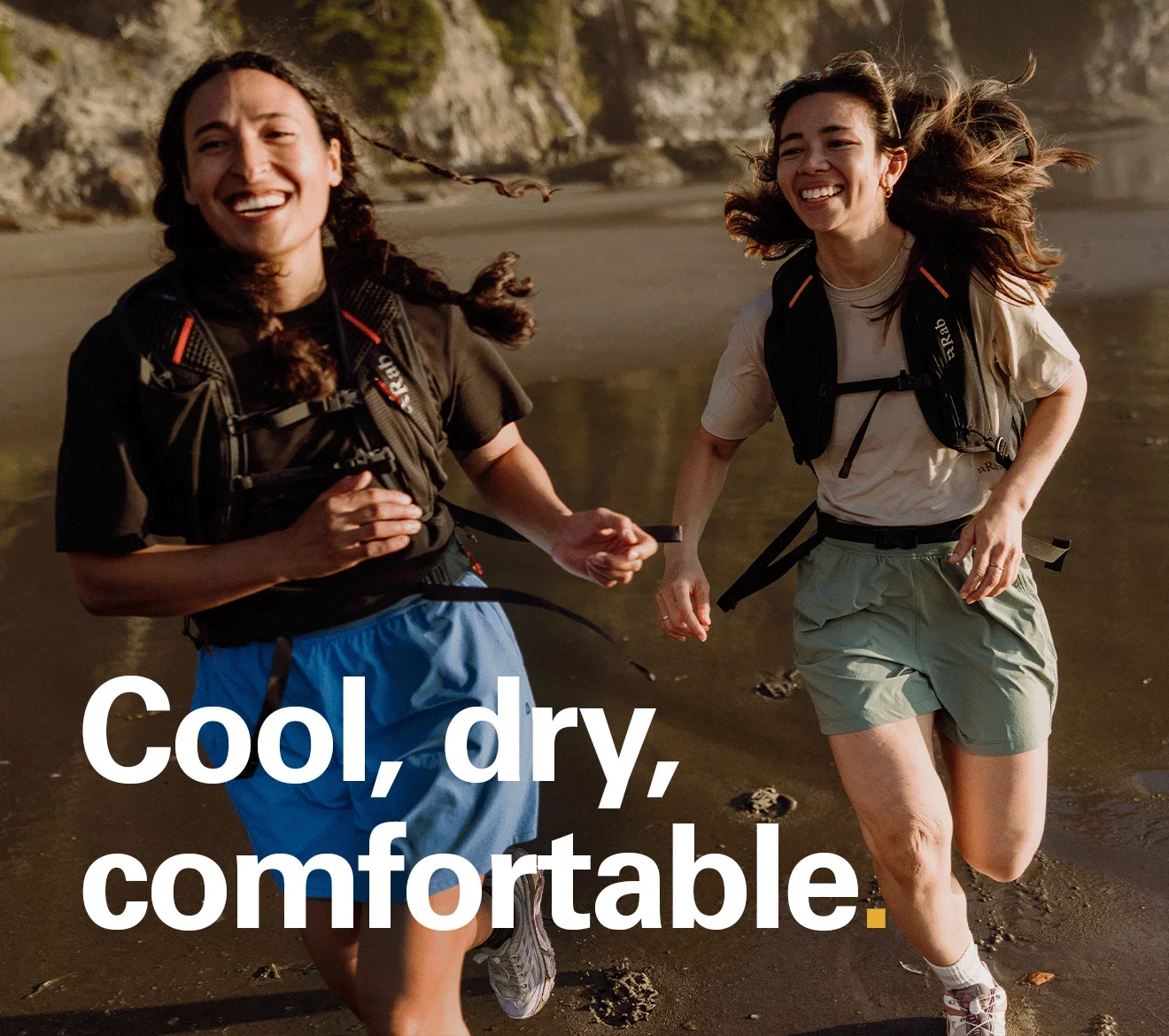'Cool, dry, comfortable.' Text over the image of two women out on a trail run wearing Rab Tees.