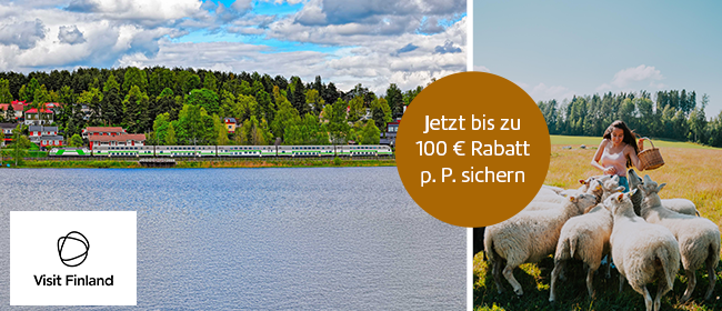 Bild-Collage: Zug fährt durch finnische Landschaft am Wasser vorbei sowie Frau steht in einer Schafsherde. Störer mit Text: Jetzt bis zu 100 € Rabatt pro Person sichern.