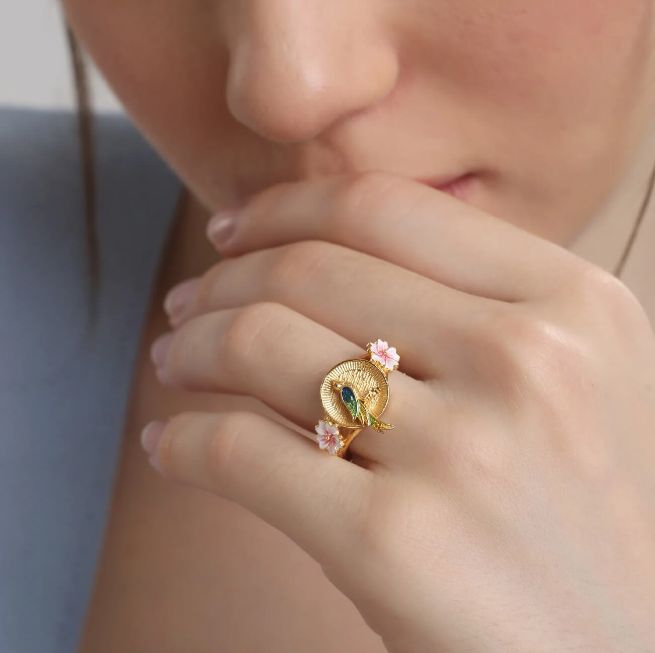 Gold Plated Bird with Pink Flower Ring