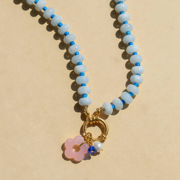 Blue Gemstone And Pink Flower Necklace