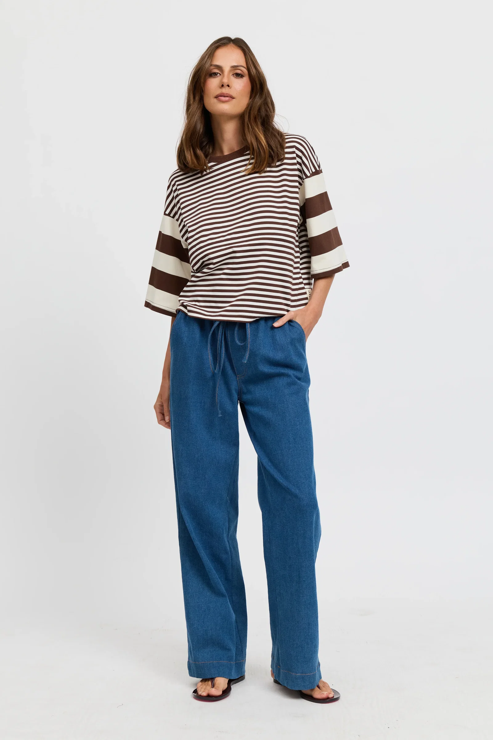 Image of Brooklyn Mixed Stripe Slouch Panel Tee - Chocolate / White