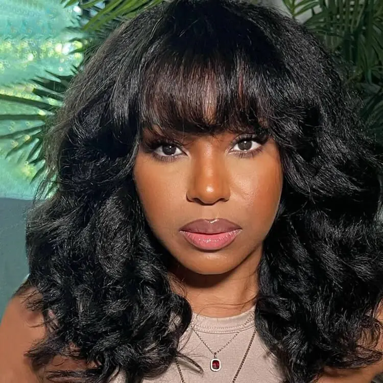 Glueless Kinky Wave Wigs With Bangs Lace Front Human Hair Wigs